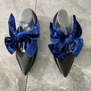 WIDOW Heavier Heart Black Satin Pointed Toe Ballet Flats Velvet Bow Women's Sz 7